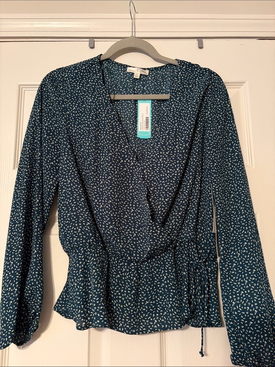 nine britton Tops - nine britton Teal Printed Wrap Peplum Blouse